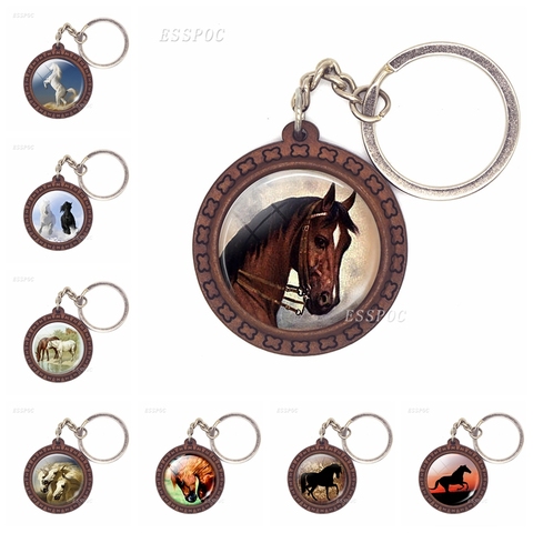 Porte-clés cheval en bois, image cheval, Cabochon en verre, bijoux en bois, pendentif clé, cadeaux de noël livraison directe ► Photo 1/6