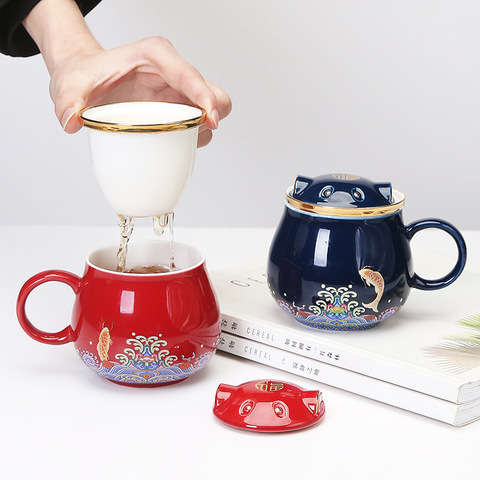 Tasse de thé en céramique de style classique chinois créatif, tasse de bureau pour culture chinoise, tasse de thé avec filtre, tasse de thé avec chat mignon de 300ml ► Photo 1/6