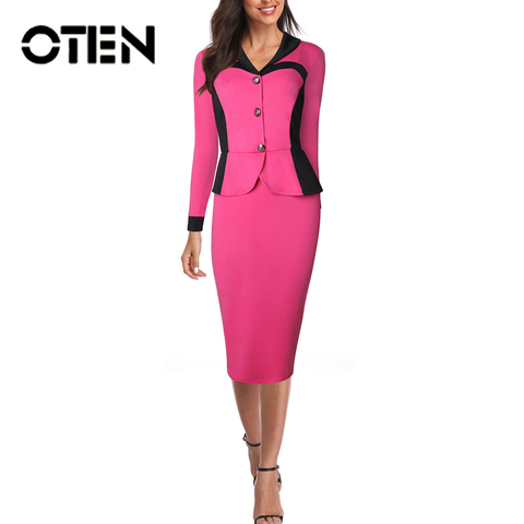 OTEN-robe formelle crayon pour le travail de bureau, robe de soirée, col en v, manches longues à boutons en Patchwork, Slim, style Business, printemps 2022 ► Photo 1/1