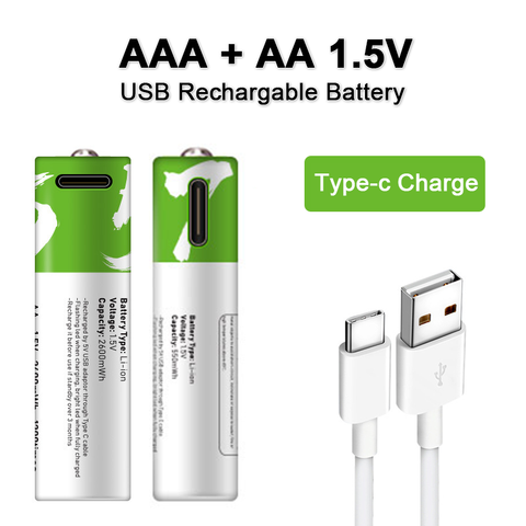 Nouveau AA + AAA batterie AA 1.5V 2600mWh/1.5V AAA 550mWh Usb rechargeable li-ion batteries pour jouet électrique batterie + câble ► Photo 1/5