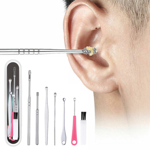 7 pièces/ensemble cueilleurs de cire d'oreille en acier inoxydable Earpick décapant de cire Curette oreille Pick nettoyant oreille nettoyant cuillère soin oreille propre outil ► Photo 1/6