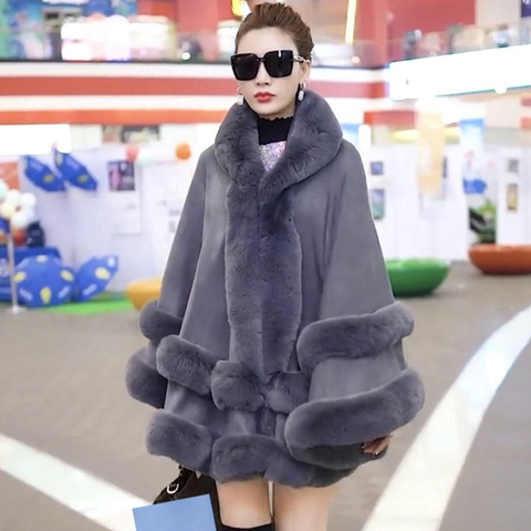 Double couche de luxe Rex fourrure de lapin Cape manteau à capuche châle hiver femmes tricot cachemire Poncho pardessus fausse fourrure enveloppes grande taille ► Photo 1/6