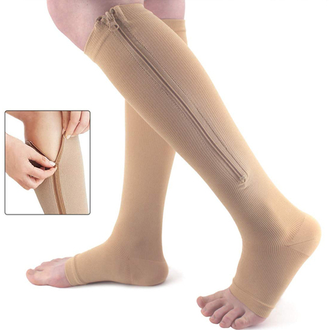 Bas de Compression unisexe à bout ouvert, longueur genou, fermeture éclair, soutien des jambes pour femmes, Slim, prévention médicale des veines variqueuses ► Photo 1/6