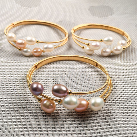 Bracelets de perles d'eau douce naturelles forme de queue de paon Bracelet à breloques accessoires de bijoux ouverture réglable 7-8mm ► Photo 1/6