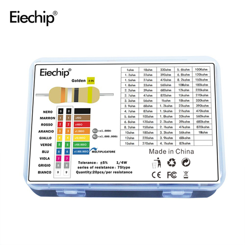 1500 pcs/lot 1/4 kit d'assortiment de résistances de Film de carbone de puissance 75 valeurs 1 ohm-10 M ohm résistance 5% ensemble de résistances électroniques ► Photo 1/4