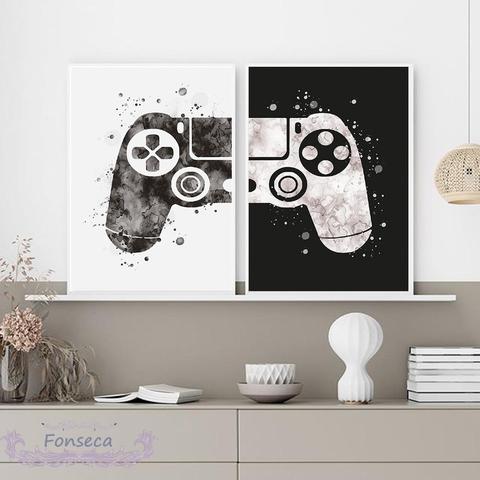 Noir et blanc aquarelle Gamepad toile peinture garçons jeu Illustration affiche mur Art photo pour Gamer enfants décor à la maison ► Photo 1/6