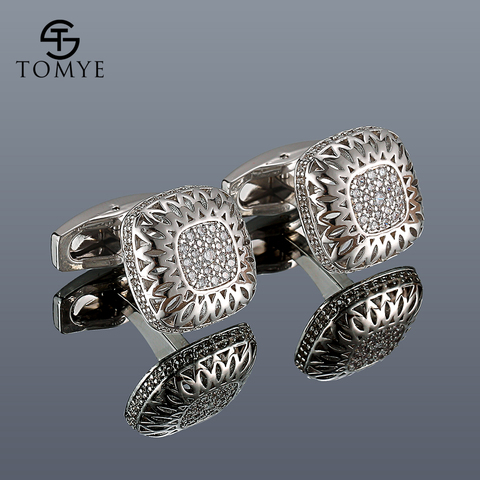 TOMYE – boutons de manchette carrés en Zircon pour hommes, de haute qualité, de luxe, couleur argent, pour chemise ► Photo 1/6