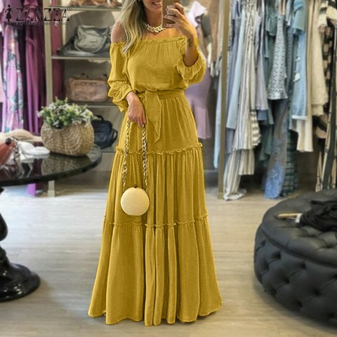 ZANZEA mode hors épaule Vestidos femme à lacets ceinturée robes plage vacances Robe à volants femmes bohème longue Robe Maxi 5XL ► Photo 1/5