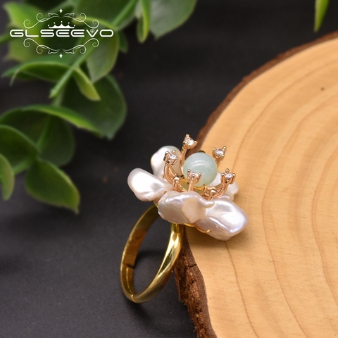GLSEEVO-anneaux de perles naturelles baroques pour femmes, bague à fleurs en argent 925, de luxe, bijoux fins faits à la main, GR0266A ► Photo 1/5