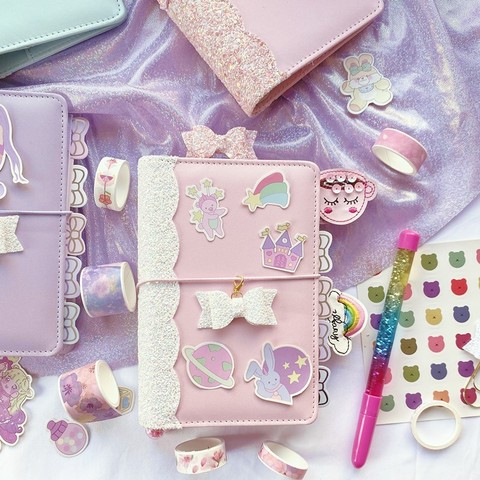 Macaron agenda pour filles, carnet de notes, en paillettes, à feuilles mobiles, fournitures de papeterie coréenne A6, agenda créatif Kawai ► Photo 1/6