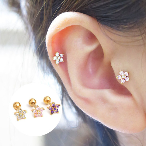 Boucles d'oreilles en acier inoxydable pour femmes, 1 pièce, motif fleurs, zircone, Cartilage, couronne, Helix, clous d'oreille, Piercing, bijoux ► Photo 1/6