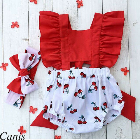 2 pièces nouveau-né bébé fille vêtements à volants dos nu cerise barboteuse + bandeau tenue bébé fille vêtements d'été ► Photo 1/6