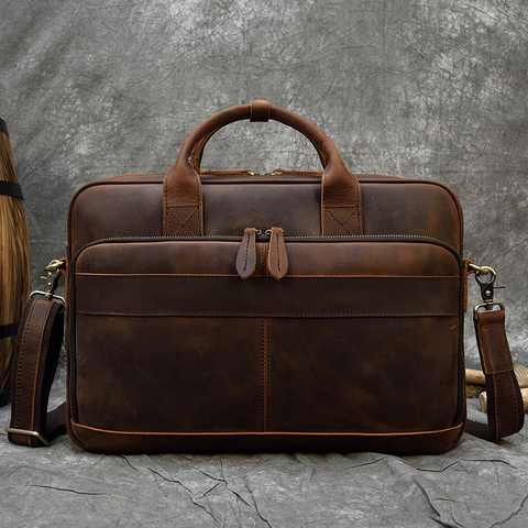 Crazy Horse serviette en cuir véritable pour hommes, mallette Vintage 16 pouces, sac à main ordinateurs portables d'entreprise, grand sac à bandoulière en cuir de vache ► Photo 1/6