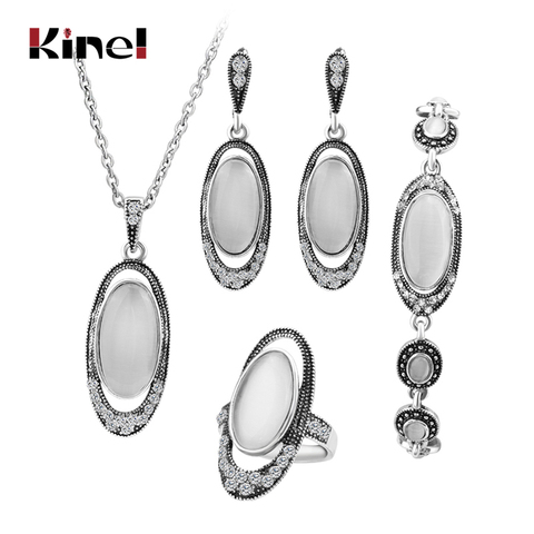 Ensemble de bijoux de mariage pour femmes, Vintage, collier et boucle d'oreille, couleur argent antique, opale blanche, meilleur cadeau, 4 pièces/ensembles, tendance ► Photo 1/6