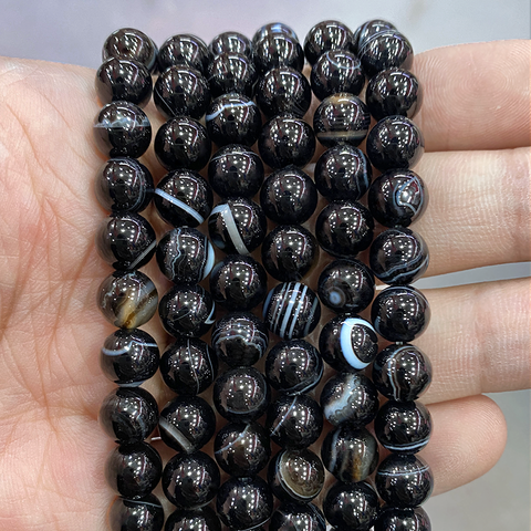 Perles rondes en pierre naturelle, Agates en dentelle noire, pour la fabrication de bijoux, 15 pouces, brin 4 6 8 10 12 14MM ► Photo 1/2