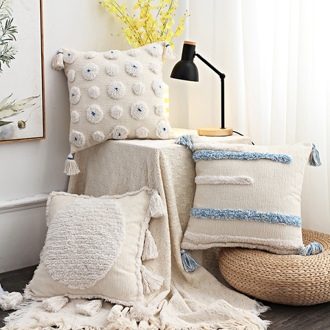 Blanc bleu Boho Style coussin en peluche avec des glands géométrique Style marocain taie d'oreiller bohême macramé maison canapé décoration ► Photo 1/4