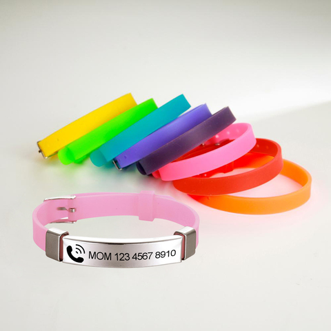 Bracelet personnalisé d'identification pour enfants enfants réglable Silicone acier inoxydable pendentif nom numéro de téléphone Bracelets personnalisés cadeau ► Photo 1/6