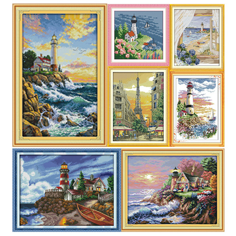 Peintures de phare de bord de mer | Toile imprimée sur toile 14CT 11CT DMS, point de croix, kits de broderies à motif, ensembles de broderies ► Photo 1/6