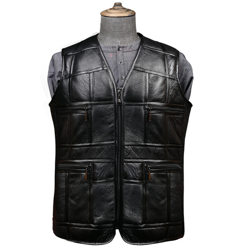 Gilet en cuir pour hommes, gilet d'hiver en peau de mouton, en cuir véritable, Patchwork, Tops, grande taille, à la mode, XL-XXXXXL ► Photo 1/6