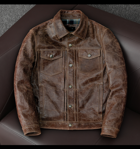 YR! Livraison gratuite. oil batik veste en peau de vache marron, vêtements en cuir vintage décontracté classique. Hommes manteau en cuir véritable mince, qualité ► Photo 1/6