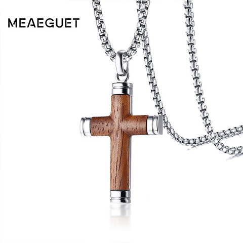 Collier Vintage pour hommes, pendentif en bois de rose, croix Crucifix, chaînes en acier inoxydable, cadeaux, 24 pouces ► Photo 1/6