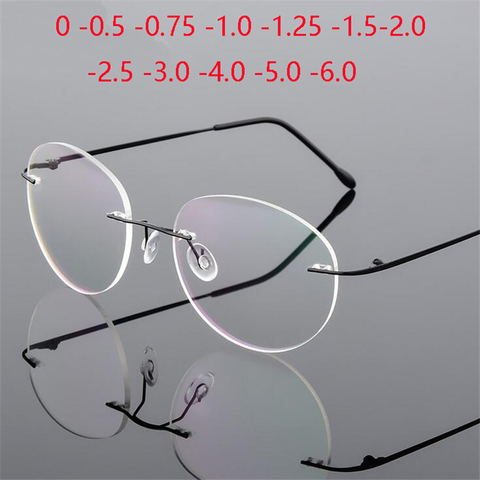 Lunettes de myopie rondes sans cadre en alliage de titane pour femmes et hommes, verres de Prescription Ultra légers, de 0 à 0.5 à 0.75 à 6.0 ► Photo 1/6