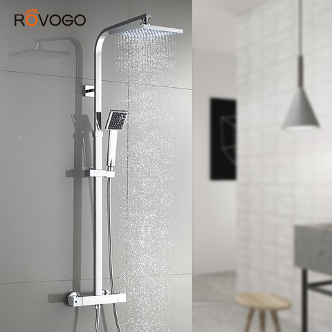 ROVOGO robinet de douche thermostatique de salle de bain avec pommeau de douche à main en laiton chromé, ensemble de mélangeur de douche de bain douche de pluie grue de baignoire ► Photo 1/6