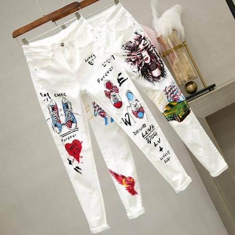 Femmes blanc pantalon en jean maigre dessin animé Graffiti impression jean étiré automne mince corps crayon jean dames grande taille jean Y77 ► Photo 1/6