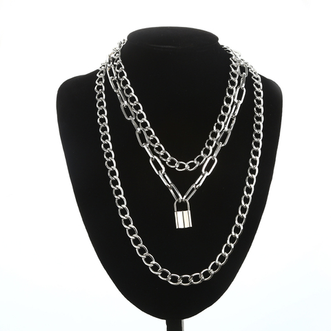 Chaîne en couches collier cou chaînes serrure pendentif bijoux pour femmes Punk tour de cou cadenas Goth bijoux Grunge accessoires esthétiques ► Photo 1/6