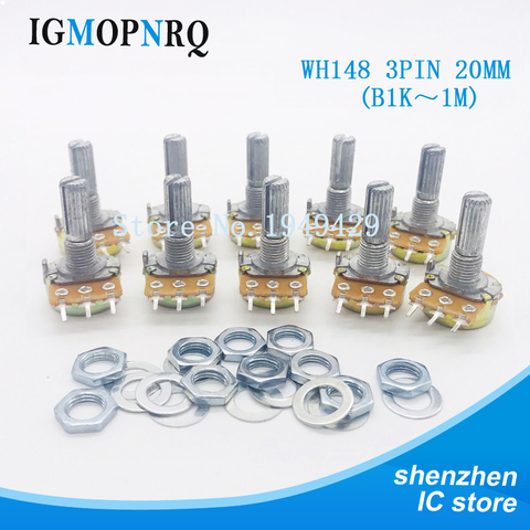 10 pièces 20mm arbre WH148 Kit de potentiomètre Joint simple B1K 2K 5K 10K 20K 50K 100K 250K 500K 1M ohm 3Pin avec écrou et Washe ► Photo 1/2