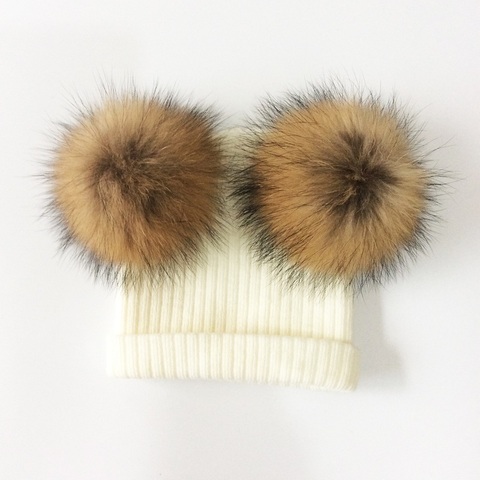 Chapeau pour bébé en fourrure de raton laveur | Chapeau naturel, bonnet pour bébé, deux pompons, casquettes d'hiver pour enfants, chapeaux avec pompon ► Photo 1/6