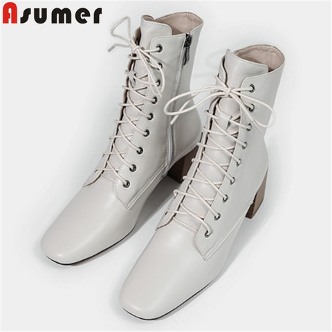 ASUMER – bottines en cuir véritable à bout carré avec fermeture éclair pour femme, chaussures à talons hauts carrés, tendance automne hiver 2022 ► Photo 1/1