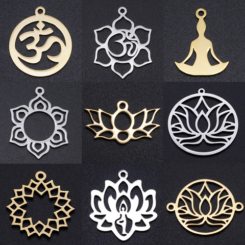 Connecteurs de Yoga Lotus en acier inoxydable 100%, breloque Om Hansa, bijoux pendentif fleur de vie, bricolage, vente en gros, 5 pièces/lot ► Photo 1/6