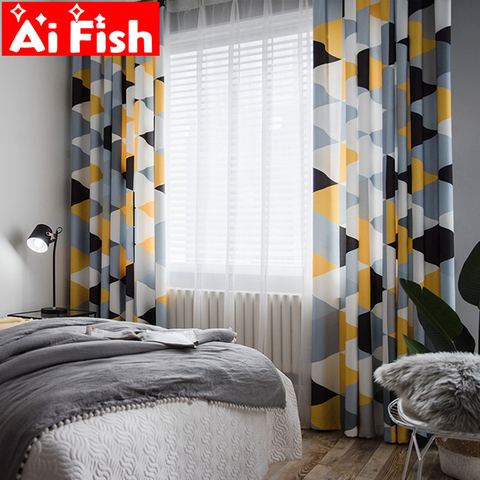 Scandinave moderne minimaliste demi-ombre jaune gris géométrie impression numérique rideaux pour salon blanc Tulle MY193-5 ► Photo 1/6