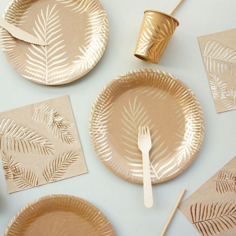 Vaisselle jetable en papier Kraft | Set de table de couleur dorée feuille de palmier, assiette tasse serviette de papier paille, fête de mariage, couverts d'anniversaire ► Photo 1/6