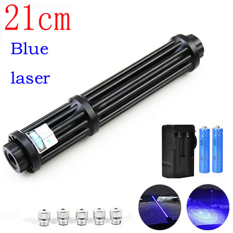 Haute puissance brûlant 21cm bleu Laser torche 445nm 10000m Laser torche 450nm focalisable lampe de poche brûler Match avec 5 étoiles capuchon ► Photo 1/6