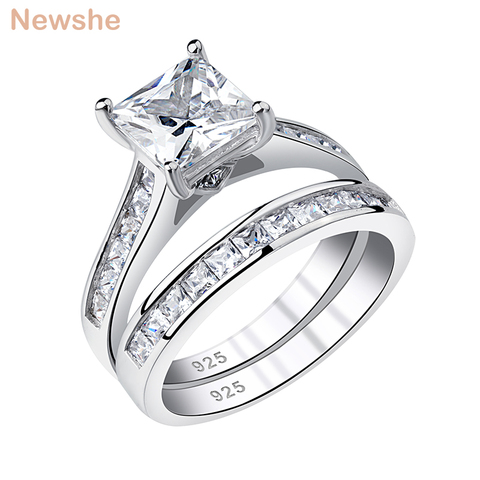 Newshe femmes bague de mariage ensemble 7mm princesse coupe Zircon 925 en argent Sterling bagues de fiançailles bijoux classiques pour les femmes QR5853 ► Photo 1/6