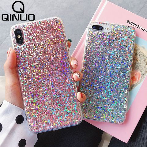 QINUO Brillant Paillettes Téléphone étui pour iPhone 7 6 6 S 8 Plus X XR XS Max Cristal Bling Housse En Silicone Pour iPhone 5 5 S SE ► Photo 1/6