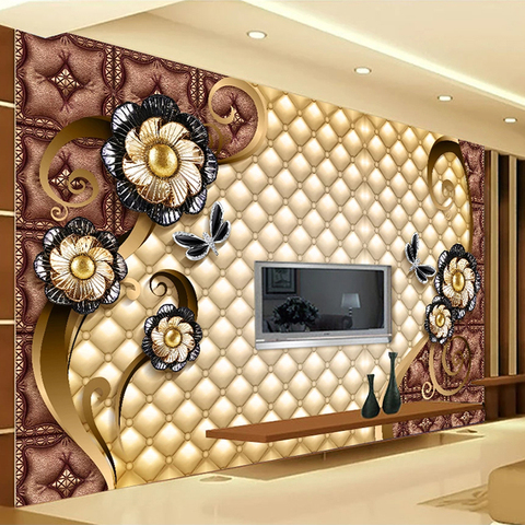 Personnalisé Photo murale de luxe noir bijoux fleurs sac souple TV fond mur peinture salon chambre 3D en relief papier peint ► Photo 1/6