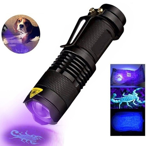 Lampe de poche à lumière LED UV, Mini torche Zoomable en aluminium, lumière noire UV, détection de taches d'urine animale, lumière de chasse au Scorpion ► Photo 1/6