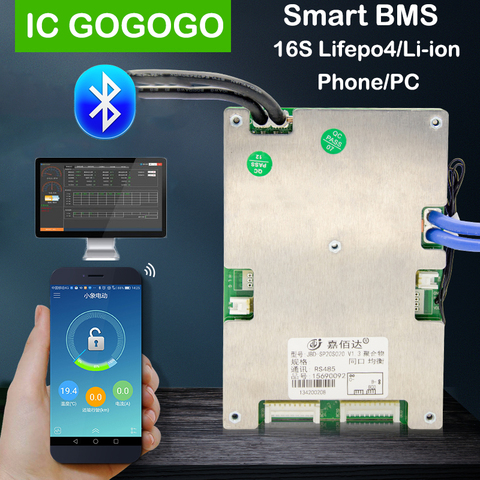 Carte de Protection intelligente de batterie au Lithium, 16S 48V 60V Lifepo4 Li-ion, pour téléphone PC, application Bluetooth 30A 40A 50A 60A BMS Pack UART RS485 JBD ► Photo 1/5