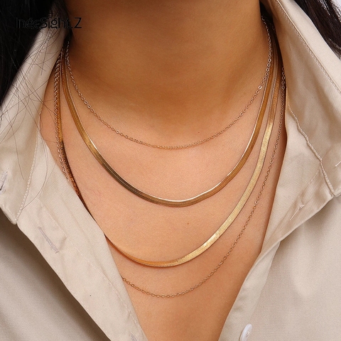 IngeSight.Z Punk Multi couches lame plate serpent lien chaîne collier ras du cou Simple couleur or collier colliers pour femmes bijoux ► Photo 1/6