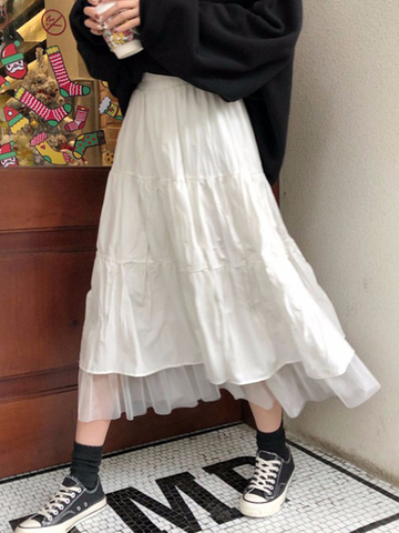 korean style hiver vetement plissée femme jupes longues vintage tulle femmes jupe noir blanche gothique jupe taille haute femme harajuku ► Photo 1/6