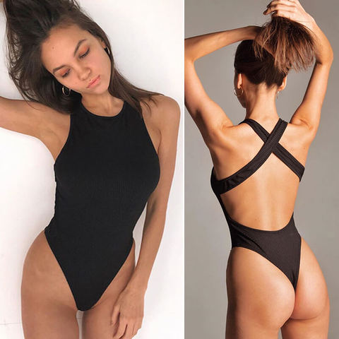 Body moulant en tricot croisé au dos pour femmes, col rond, vêtements de printemps côtelés, noir, blanc, sans noir, Slim, Sexy ► Photo 1/6