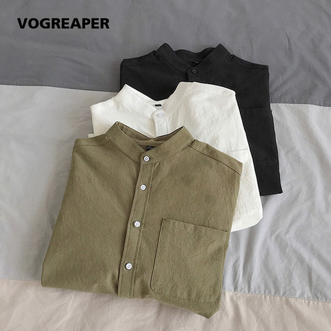 Chemises à manches longues à col Mandarin, mode coréenne, 100% coton, couleur unie, douce et confortable ► Photo 1/6