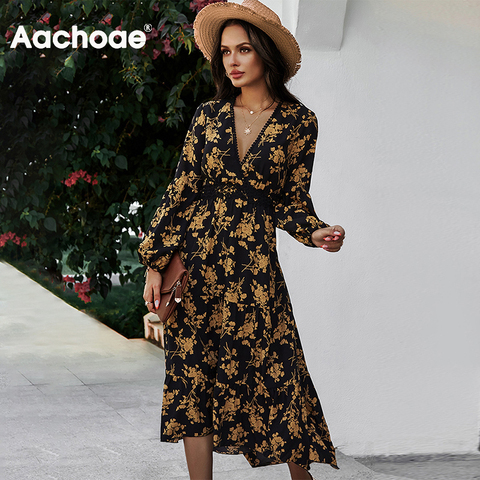 Aachoae femmes imprimé fleuri élégant longue Robe dentelle Patchwork dame robes de soirée col en V lanterne manches Boho Robe de plage Robe ► Photo 1/6
