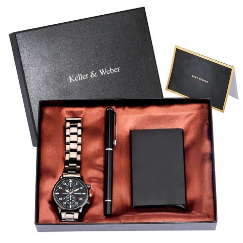 2022 ensembles de cadeaux pour hommes haut de gamme montres à Quartz de haute qualité Signature stylo mode mâle porte-cartes cadeaux pour mari papa petit ami ► Photo 1/6