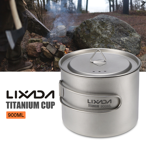 Lixada 900ml / 1600ml titane tasse Pot ultra-léger Portable tasse avec couvercle et poignée pliable en plein air Camping randonnée sac à dos ► Photo 1/6