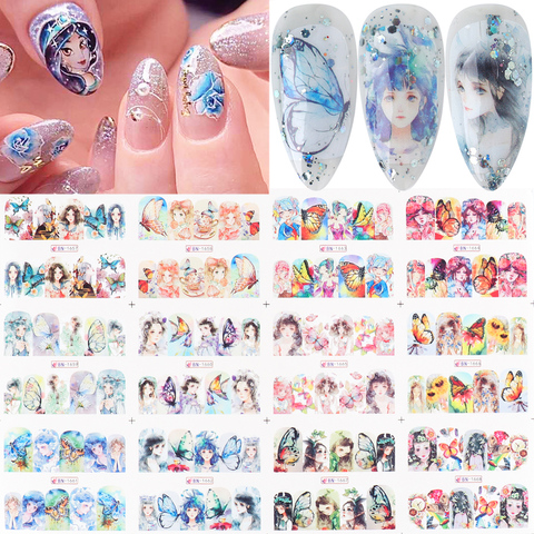 12 conceptions Charme Anime Fille Décalques D'eau Déesse Nail Art Autocollant Papillon Pleine Couverture Curseur Manucure Accessoires LYBN1657-1668 ► Photo 1/6