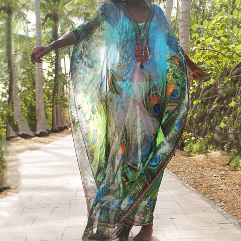 SuperAen – robe en mousseline de soie, ample, imprimé plume de paon, vêtements de plage, résistant au soleil, maillot de bain pour femmes, chemise d'extérieur, nouvelle collection ► Photo 1/5